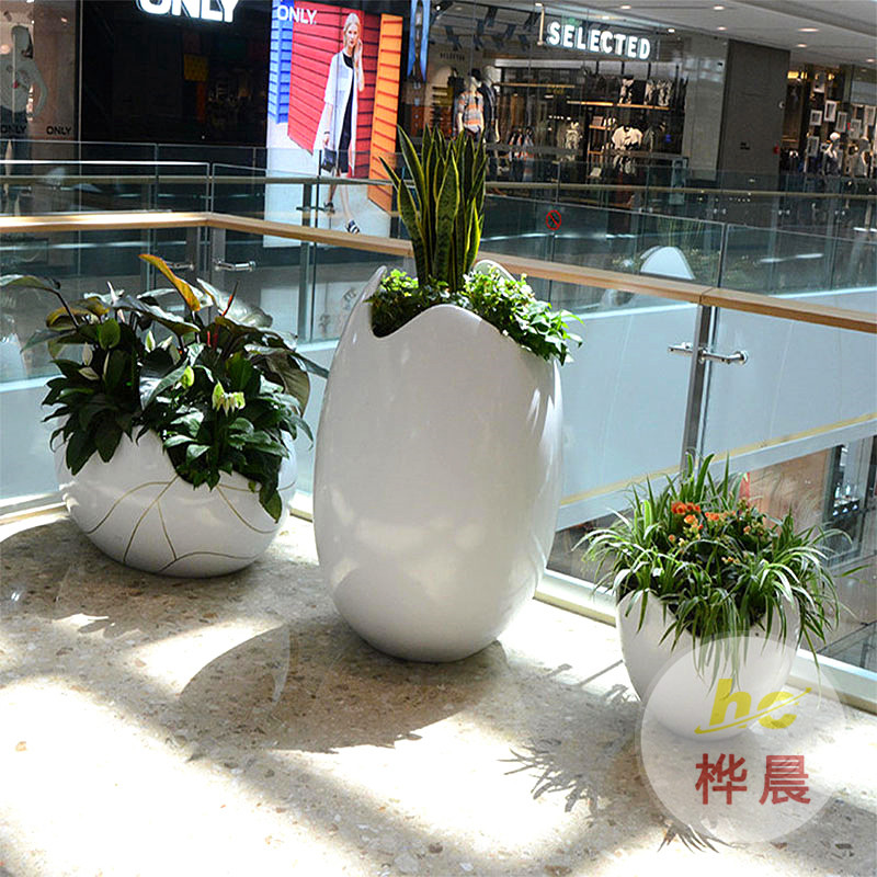 玻璃鋼花盆圓形商場酒店美陳花盆創(chuàng)意蛋殼造型落地組合玻璃鋼花盆